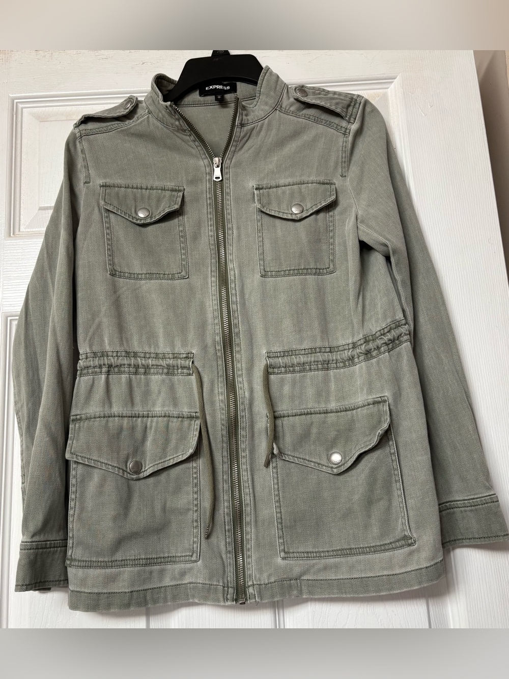 Express Women’s Olive Utility Jacket with Zip Front. Size: XS